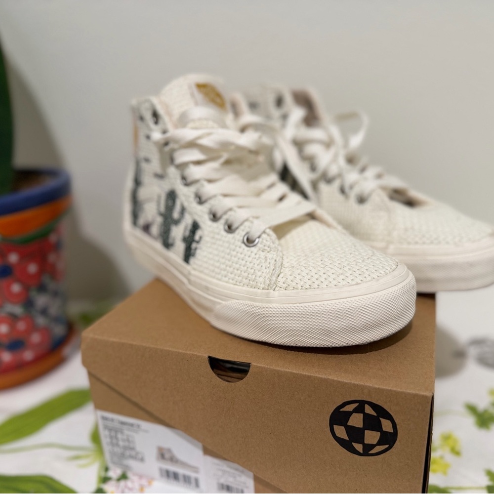 Vans Cream High-Top Sneakers with Green Accents
